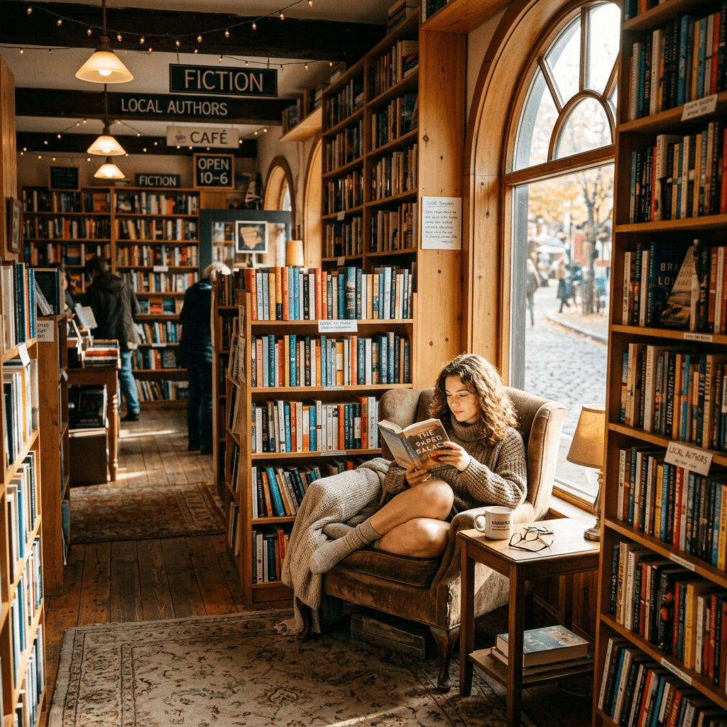 Young woman sitting and reading a book in a cozy bookstore corner with bookshelves and a window